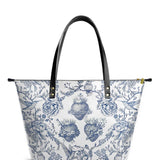 Catholight Sacred Elegance: Blue and White Devotion Leather Tote Bags