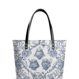 Catholight Sacred Elegance: Blue and White Devotion Leather Tote Bags